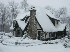 a house covered in snow next to trees