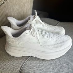 - Brand New - Excellent Condition - Never Worn, Little Spots At Bottom But Not Noticeable At All - Absolutely Adorable - Doesn’t Come With Shoe Box White Hoka Clifton 8, Hookas Shoes, All White Hokas, White Hoka Shoes, Running Shoes Hoka, Hoka Clifton 9 Outfit, White Hokas, Shoes For Tennis, Workout Wishlist