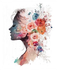 a woman's face with flowers in her hair and watercolor splashs on it