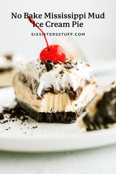 no bake mississippi mud ice cream pie on a white plate with text overlay