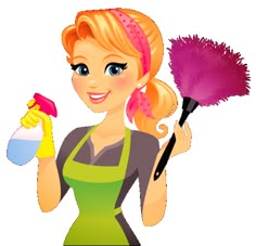 a woman in an apron holding a brush and cleaning products