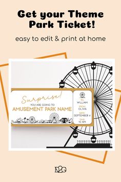 an editable golden voucher with a Ferris wheel and other graphics depicting an amusement park. Amusement Park Ticket, The Ultimate Gift, Saving Time, Printable Gift, Gift For Boyfriend