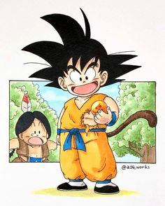 a drawing of gohan holding an apple in front of him and another person behind him