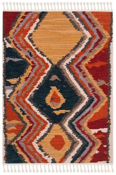 a multicolored rug with fringes on the bottom and an orange, black, yellow