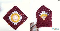 crocheted granny hat with flower on the front and side, shown from above