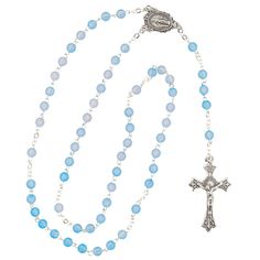 This blue zircon-beaded rosary makes a fantastic baptism or First Communion gift! A perfect religious gift for a December birthday, this high-quality rosary will be a treasured keepsake for years to come. Check out more birthstone gifts and religious gifts elsewhere on this website. Metal. 18 3/4" Blue Rosary With 8mm Beads For Healing, Blue Rosary With Round Beads For Healing, Blue Spiritual Rosary With Gemstone Beads, Blue Rosary For Healing, Spiritual Blue Rosary With Gemstone Beads, Blue Gemstone Beads Rosary For Spiritual Use, Blue Spiritual Jewelry For First Communion, Blue Healing Rosary, Blue Cross Rosary As Gift