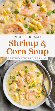 shrimp and corn soup in a bowl with a spoon