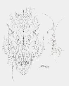 an artistic drawing of a chandelier hanging from it's side and another drawing of a vase on the other side