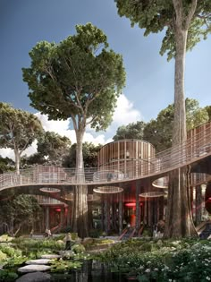 an artist's rendering of a tree - lined building in the middle of a forest