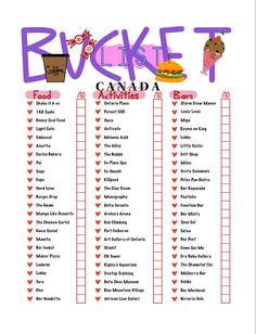 the bucket list for canada is shown in purple and red with hearts on it's side