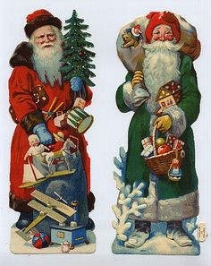 two vintage christmas postcards depicting santa and mrs claus holding gifts in their hands, with snowflakes on the ground