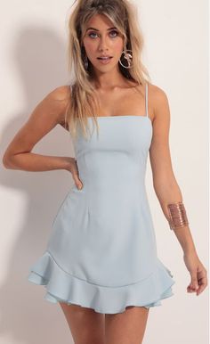 Party dresses > Aubrey Ruffle Dress In Light Blue Light Blue Mini Dress, Lucy In The Sky, Casual Day Dresses, Grad Dresses, Straight Dress, Ruffle Mini Dress, Date Night Dresses, Blue Mini Dress, Hoco Dresses