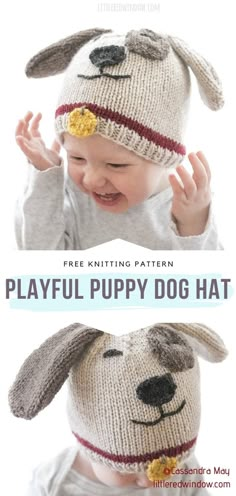 a baby wearing a knitted dog hat with the words playful puppy hat written below it