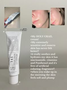 • My HOLY GRAIL cream! •My extremely sensitive and rosacea skin has never felt better!! • it really soothes and hydrates my skin it has niacinamide, vitamins and Panthenol and it's free of artificial coloring, fragrance!! •when you wake up in the morning the skin feels soft and plump Hydrated Skin Tips, Soft Skin Tips, Skin Care Morning, Fragrance Free Skin Care, Products For Sensitive Skin, Hair And Skin Vitamins, Skincare For Sensitive Skin, Sensitive Skin Care Routine, Korean Skin Care Secrets