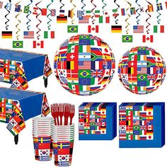 the tableware is decorated with flags and streamers