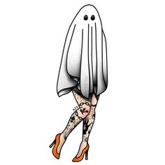 a woman in tights and heels with a ghost face on her leg