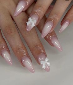 Bow Nail Inspo Almond, White Airbrush Nails, Pink Bow Nails, Cute Pink Nails With Bows, Pink Nails With Bows Girly, Nail Inspo Bow Charm, Couqutte Nails Bow, Baby Pink Nails, Graduation Nails