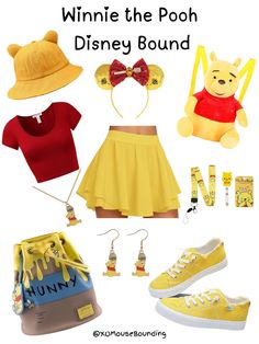 winnie the pooh costume and accessories are arranged on a white background with text that reads, winnie the pooh disney bound