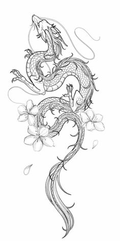 a drawing of a dragon with flowers on it's tail and wings in the shape of a flower