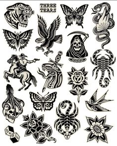 an assortment of tattoo designs on white paper