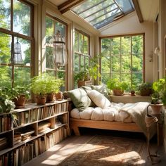 a sun room filled with lots of plants and books