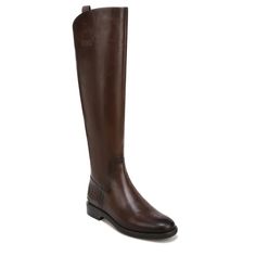 a tall brown boot is shown on a white background and it has a black sole