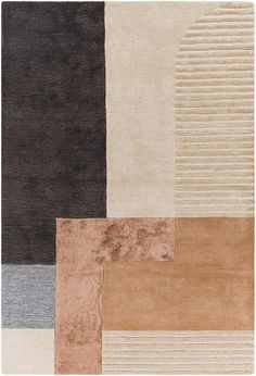 a multicolored rug with different colors and shapes on the floor, including black, beige