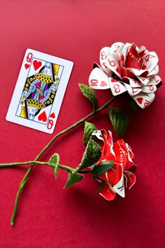 a rose and playing card on a red surface with one flower in the foreground