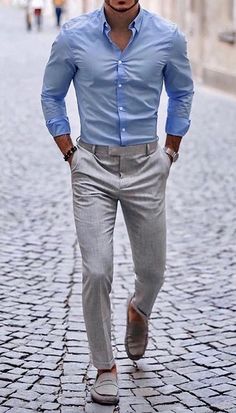 Best Casual Shirts, Light Blue Dress Shirt, Shirt Outfit Men, Pants Outfit Men, Formal Mens Fashion, Blue Shirt Dress, Outfit Jeans