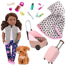 the doll is next to her accessories and has a small dog in front of it