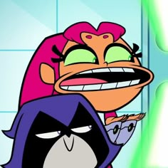 an animated character with pink hair and green eyes, holding onto another character's head