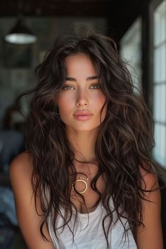 Long Voluminous Wavy Hair, Long Curtain Bangs Wavy Hair Natural Curls, Long Hairstyles Natural Wavy, 2025 Long Haircuts For Women, Long Wavy Hair Updo, Thick Wavy Brown Hair, Natural Wave Haircut, Wavy Layered Hair Medium Long, Bangstyle Hair Long Curly