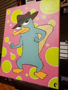 a painting of a cartoon character wearing a hat and holding a surfboard in his hand