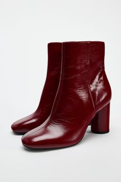 HEELED LEATHER ANKLE BOOTS Zara Leather Ankle Boots, Elsa Boots Rouje, Red Suede Boots Ankle, Burgundy Dress Ankle Boots, Womens Red Ankle Boots, Zara Boots 2022, Red Heeled Boots, Cherry Boots, Dark Red Boots