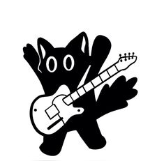 a black and white image of a cat with a guitar in it's paws