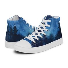 Embrace the serenity of nature with these forest-themed high-top canvas sneakers, a stylish and comfortable choice for any outdoor lover. Featuring a captivating night sky and tree silhouette print, these sneakers are perfect for casual wear, outdoor adventures, or everyday strolls. Designed with a padded collar, breathable lining, and a durable EVA rubber outsole, they combine style and practicality for a unique and comfortable footwear experience. * 100% polyester canvas upper side * Ethylene- Shoes Stylish, Sky Tree, Comfortable Footwear, Footwear For Women, Outdoor Lover, Tree Design, Canvas Sneakers, Outdoor Wear, Casual Wardrobe