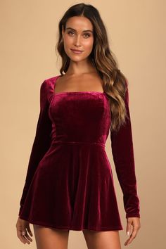 Lulus Exclusive! Be ready for all the holiday festivities in the Lulus Feeling Cheery Burgundy Velvet Long Sleeve Tie-Back Romper! Soft and stretchy velvet shapes this romper with a square neckline, long sleeves, and a princess-seamed bodice atop relaxed shorts. The open back has a tying sash and a button closure at the neck. Hidden back zipper/clasp. Fitted Velvet Dress For Date Night Holiday, Fitted Velvet Dress For Holiday Date Night, Fitted Long Sleeve Velvet Holiday Dress, Long Sleeve Velvet Dress For Party Season, Fitted Velvet Long Sleeve Dress For Party Season, Fitted Long Sleeve Velvet Dress For Party Season, Red Long Sleeve Velvet Dress For Party, Fitted Velvet Dress With Long Sleeves For Party Season, Red Long Sleeve Velvet Party Dress