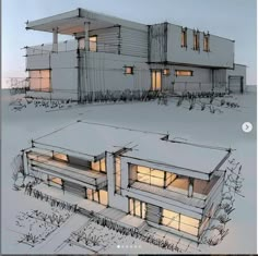 two renderings of a house in the middle of winter with snow on the ground