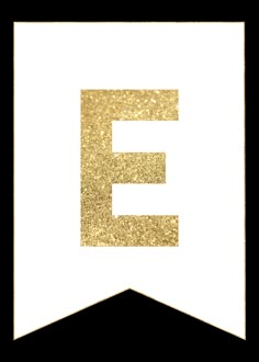 the letter e is made up of gold glitter and has a white border around it