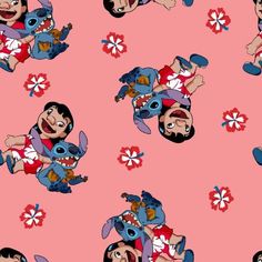 cartoon characters on pink background with red and white flowered flowers in the center,