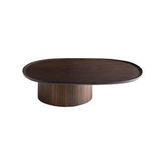 an oval wooden table with a dark brown finish on the top, and a white background