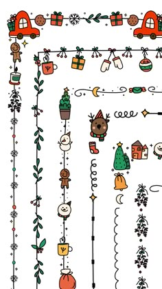 an illustrated drawing of christmas decorations and trees