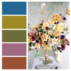 a vase filled with lots of flowers sitting on top of a table next to color swatches