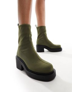 Shoes by Monki Reboot in progress Pull-on style Pull tab for easy entry Round toe Platform sole High block heel Fall Shoes 2024 Women, 70s Boots, 2024 Clothes, Sacs Tote Bags, Scandi Chic, Bold Shoes, Chunky Ankle Boots, Khaki Fashion, Green Shoes