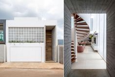 two photographs side by side, one with a spiral staircase and the other with an open door