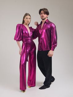 "Our matching Studio 54 party outfit is a special twin set, a piece of design that will make you feel different and special at all parties, festivals, disco-themed entertainments. Bright fuchsia wide sleeve, wide leg, deep V jumpsuit and our bright shirt with wide collar for partner is ready to fascinate everyone! The fuchsia jumpsuit with metallic reflections is quite ambitious with a deep V-neckline. It also has a noble appearance. This is exactly a piece of design. A great piece for private p 70s Outfits Men Party, Couples Disco Outfits, Fitted V-neck Evening Sets, Fitted Party Sets, Fitted Party Sets For Party Season, Red Long Sleeve Party Set, Red Long Sleeve Sets For Party, Fitted Sets For Party Season, Red Long-sleeve Party Sets