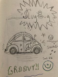 a drawing of a small car with graffiti on it's side and words written below