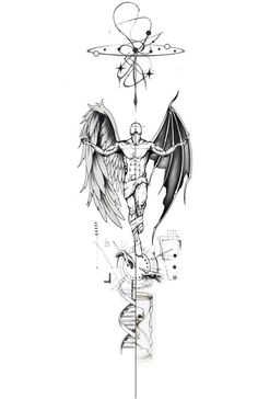 a drawing of a man with wings on his body