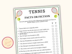 a tennis racket checklist with the words tennis fact or fiction written on it