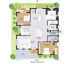 the ground plan for a house with three bedroom and two bathrooms, which are located in an open area